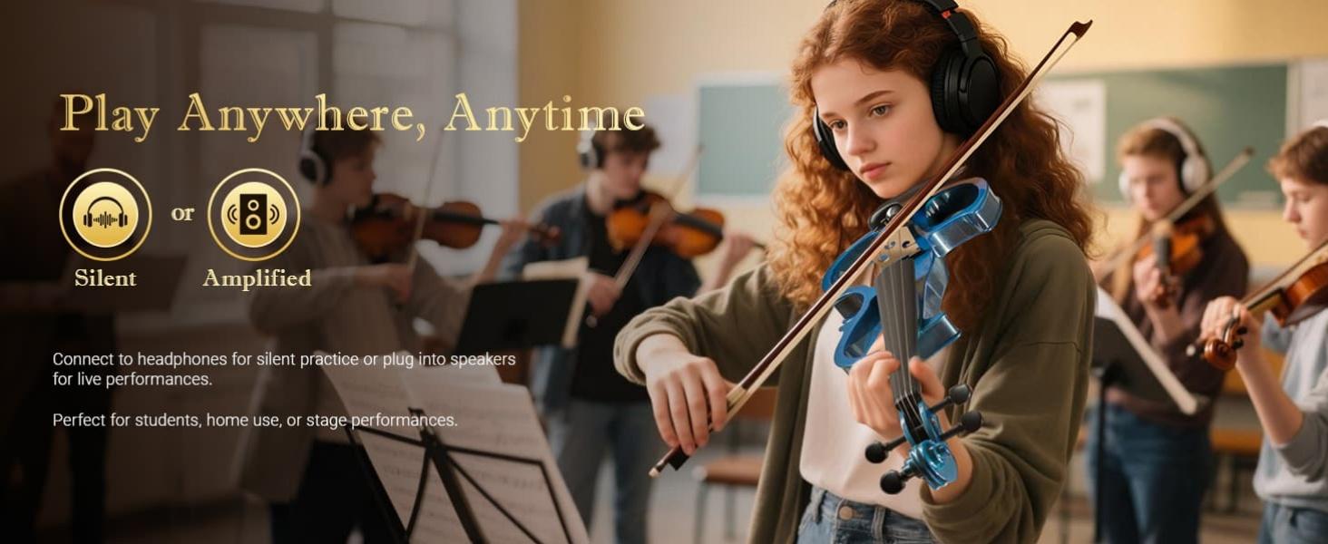 Electric Violin for Beginners - Solid Maple & Spruce, Ebony Fittings, Carbon Fiber Tailpiece, Full Size 4/4 (Blue)