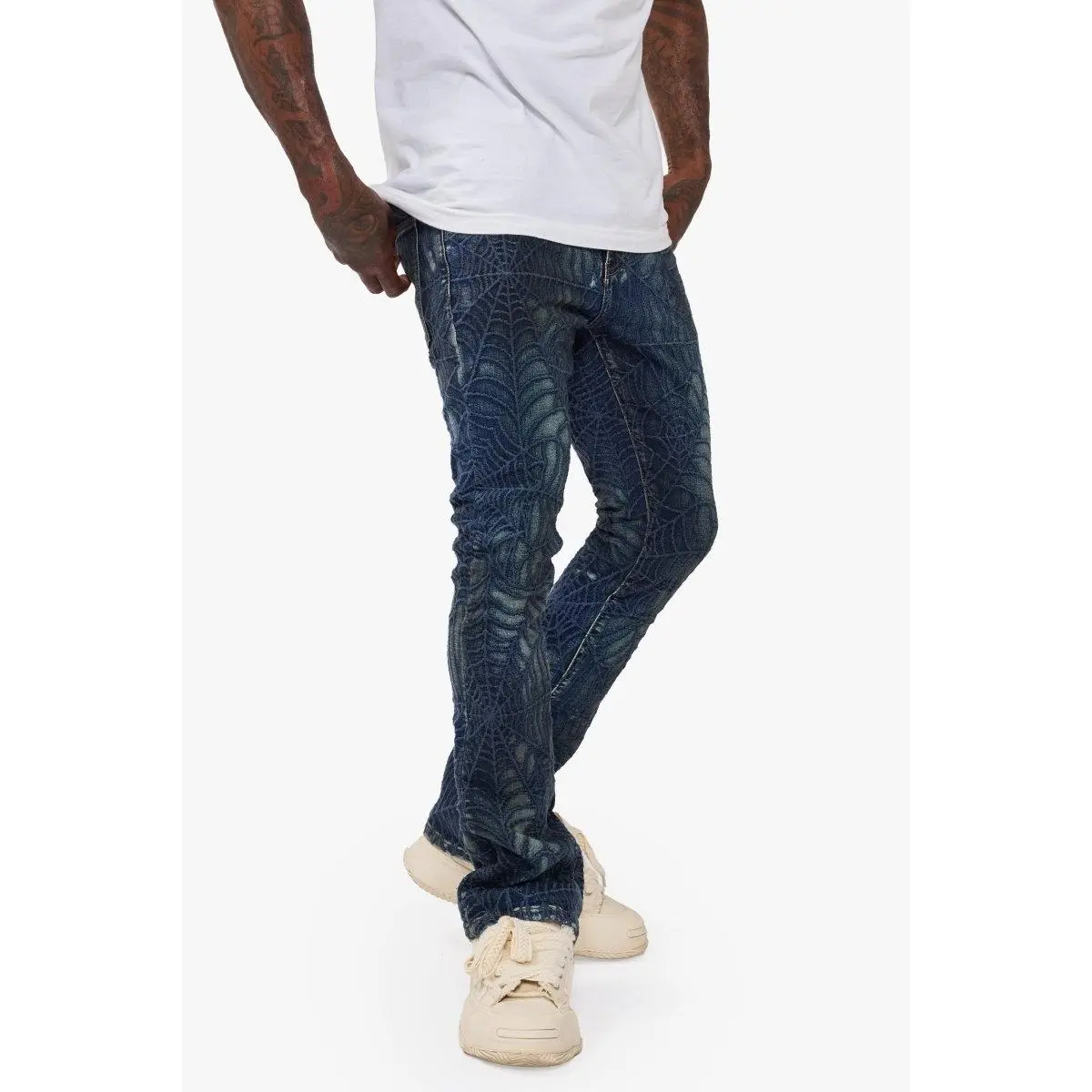 Men's Operator Spider Blue Washed Stacked Flare Jeans, Menswear Streetwear Classic Print Tapered Denim Bottoms