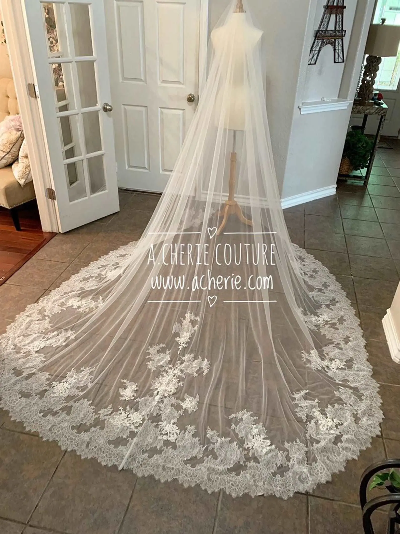 Bridal Chantilly Lace Royal Wedding Veil with Pearl Beading - 150in Tulle Headpiece, Blusher Layer, Comb, Long Length Bridal Headpiece
