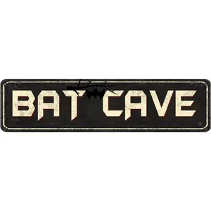 "Bat Cave" Vintage Street Style Metal Tin Sign, 4x16 Inch Retro Man Cave & Garage Wall Decor, Spooky Rustic Halloween Wall Art