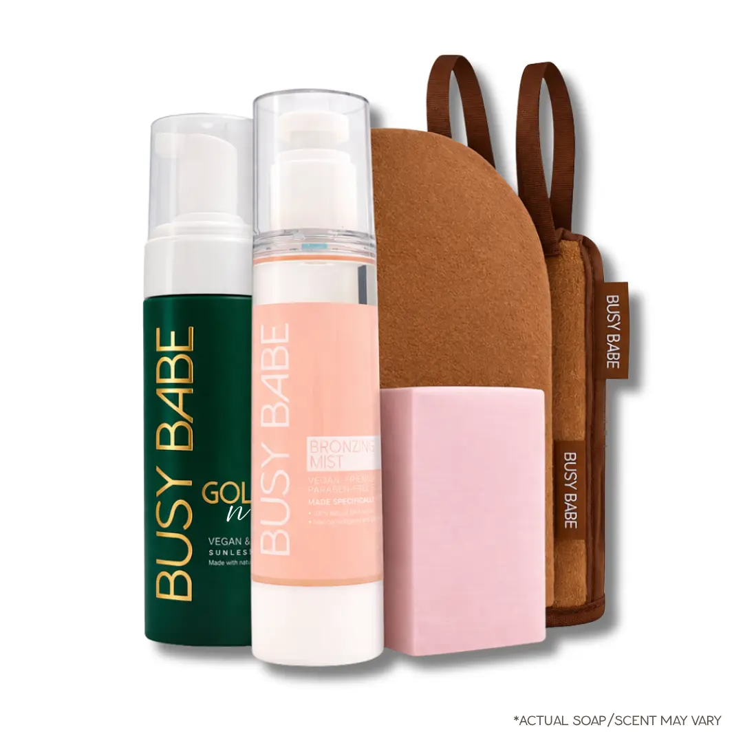 Golden Nights | Busy Babe Tan Head to Toe Glow Bundle | Self Tanner + Exfoliating Mitt + Hydrating Glow Set for Streak-Free Bronzed Skin Sunless Tanning Water Sunless Tanning Lotion
