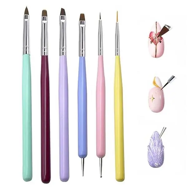 Nail Art Brushes Set 6Pcs Professional Nail Design Brush Kit with Gel Extension Brush Liner Brush Dotting Pen Builder Gel Brush Detail Painting Brush & Carving Tool for Acrylic Gel Polish Nail Decoration DIY Home Salon Manicure