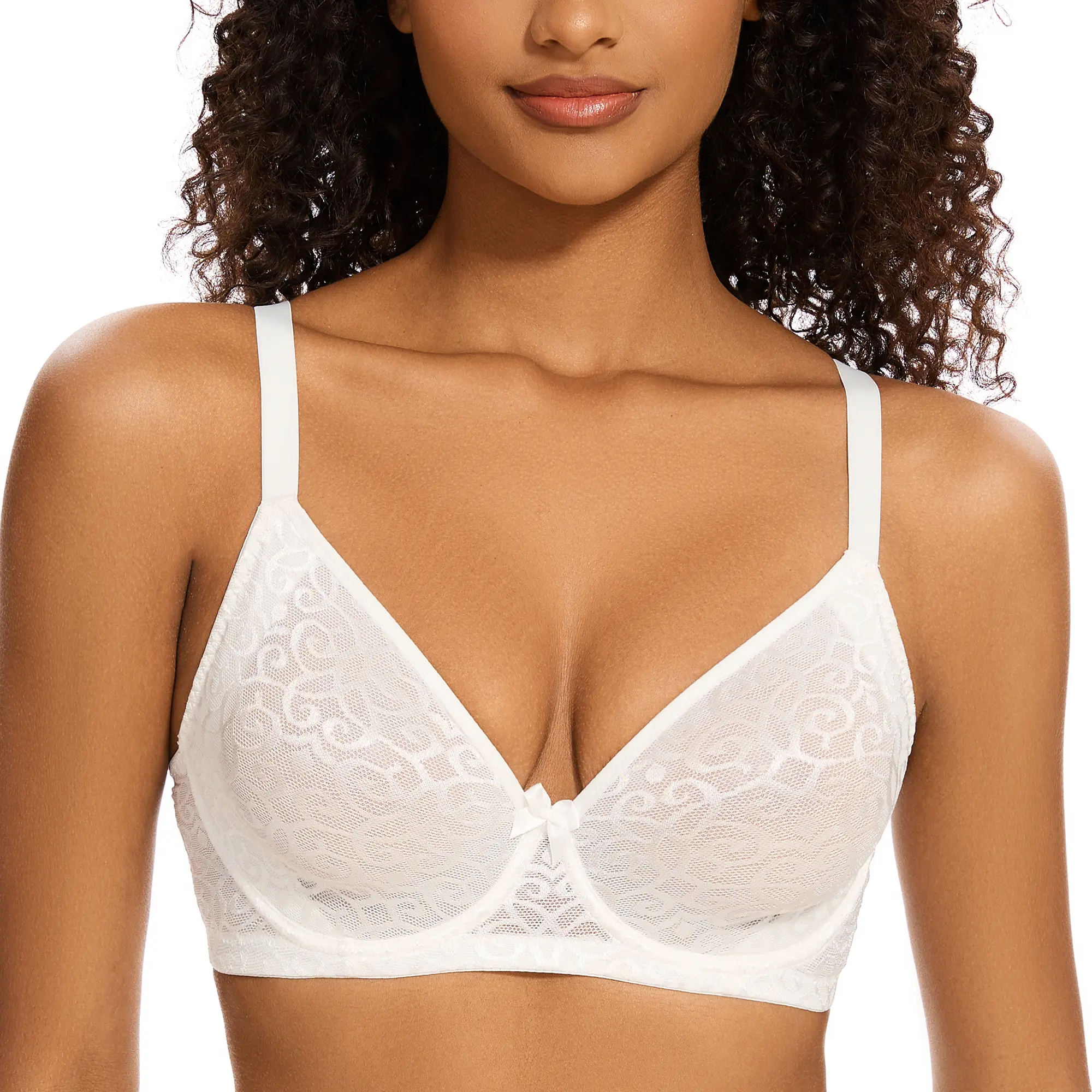 Women's Sexy Lace Mesh See Through Plunge Bra, Underwire Unlined Balconette Everyday Bra with Breathable Sheer Floral Cups, U-Back Smoothing, Natural Lift & Adjustable Straps