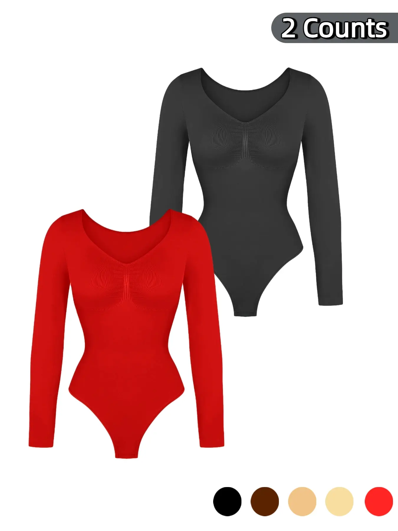 Women's V-Neck Long Sleeve Bodysuit with Tummy Control, Slim-Fitting Seamless Waist Cincher Shaper, Ladies Airslim Bodysuit