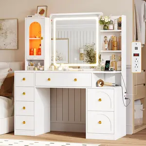 Stylish Luxury-Inspired White Makeup Vanity Desk with Mirror, Adjustable LED Lights, 7 Drawers, Storage Shelves, RGB Glass Cabinet, Charging Station – Self-Contained Glass-Top Adjustable Makeup Vanity for Bedroom, Stylish Makeup Vanities, Adjustable Makeu