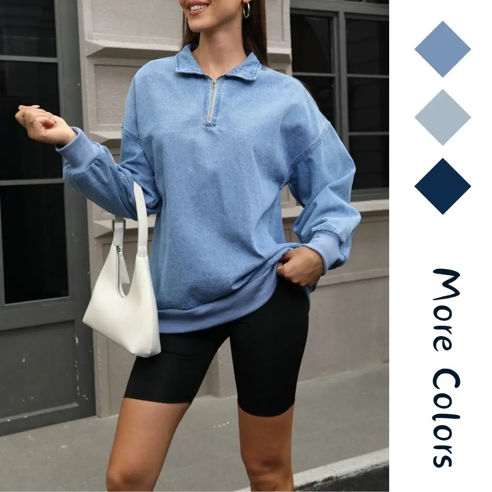 Women's Half Zip Denim Sweatshirts Fashion Long Sleeve Shirt Jean Turndown Collar pullover