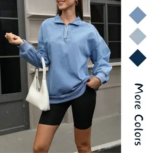 Women's Half Zip Denim Sweatshirts Fashion Long Sleeve Shirt Jean Turndown Collar pullover