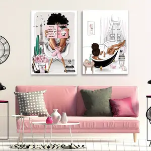 2 Pieces Framed African American Wall Art Modern Fashion Paris Pink White Afro Black Girls Women Canvas Wall Decor Pictures Posters Prints Artwork for Bathroom Living Room Bedroom Home Decoration