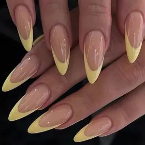 24pcs Almond Shape Press on Nails Yellow Nails Design Press on Nails Equipped with 1pc of Jelly Glue And 1pc of Polishing And Rubbing Suitable for Women And Nails