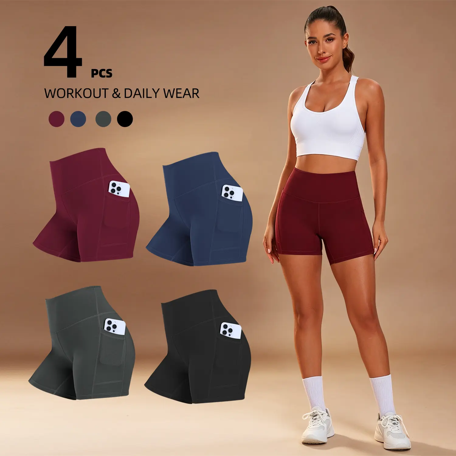 Women's 4-Pack High Waisted Biker Shorts with Phone Pockets, Ultra-Soft Stretchy Fabric, Workout Yoga Shorts for Gym, Running, Daily Wear