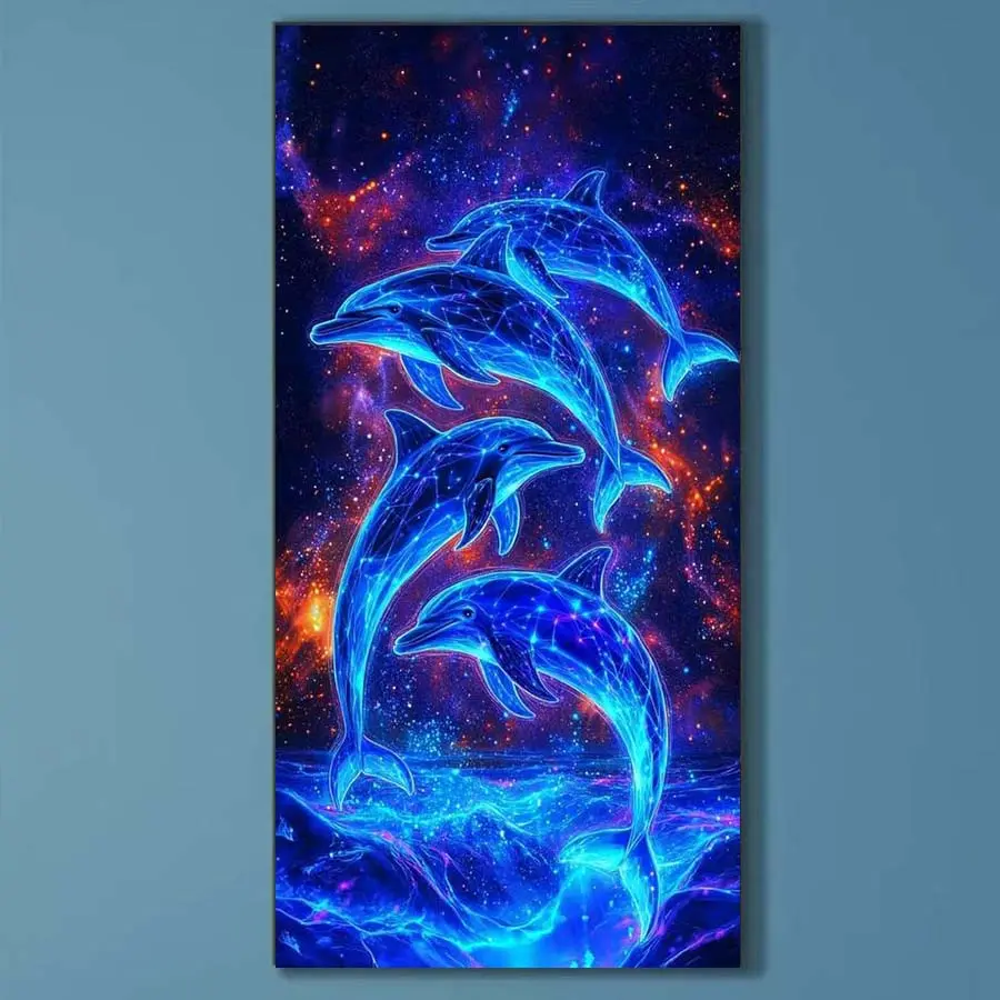 5D DIY Full Drill Round Diamond Painting - Diamond Art Kit Glow in the Dark Dolphin Mosaic, Diamond Pattern Design, Animals, Canvas - DIY Home Decor, Wall Decoration, Suitable for Halloween, Christmas, Birthday, and Anniversary Gifts