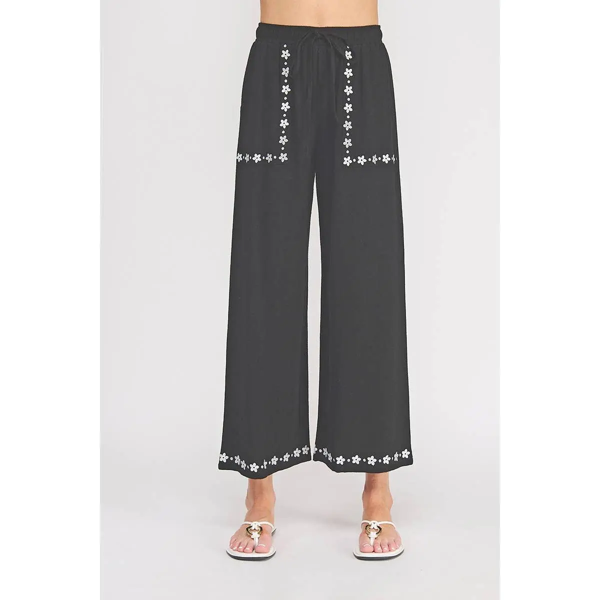 White Floral Embroidered Linen Tie-Waist Ankle Pants - BLACK