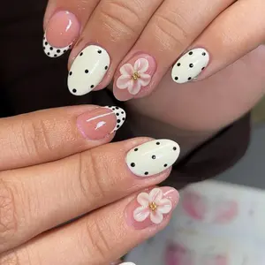 10-Piece Almond Shaped Handmade Press On Nails, Fresh Sweet Polka Dot Style With 3D White Camellia Flower And Golden Bead Decor, Pink White Color Block Reusable False Nails For Daily Wear, Dating, Party, Women And Girls Manicure