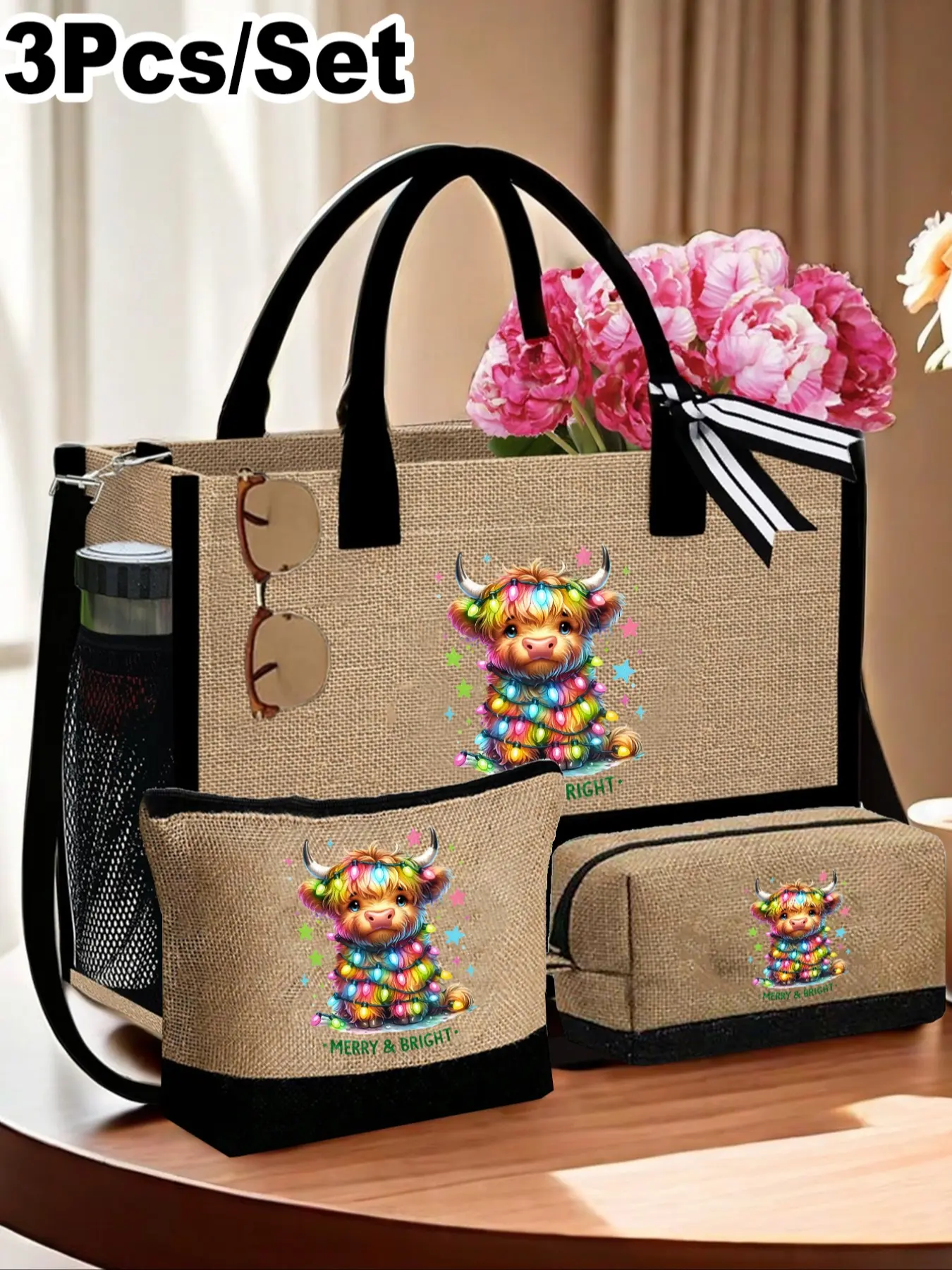 Cute Scottish Highland Cow Lantern Handbag Series, Boho Style Handbag, Includes Handbag and Coin Purse, Unique Design, Large Capacity, All Seasons