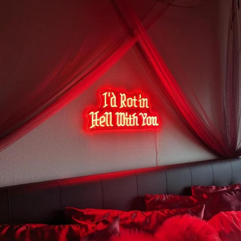 I'd Rot in Hell With You neon sign, gothic wedding neon sign, gothic wedding favors, gothic home decor, halloween wedding favors, usb powered, great as a valentines day gift for couples getting together in a man cave bedroom.