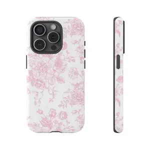 Tough Case Pink and White French Toile De Jouy Phone Case, Light Pink Floral Phone Cases Phone Cover Hard Case Tough 2-piece Phone Case Durable Protection