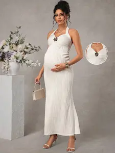 ELLIOTTWII Pregnant Women's Metal Decor Ruched Tie-Neck Elegant Party Dress