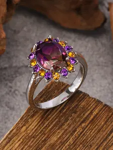 Elegant Rainbow Gradient Zircon Ring, Silver Color Sparkling Cubic Oxide Zircon Band, & Amber Elements, Fashion Oval Dual Color Zircon Ring