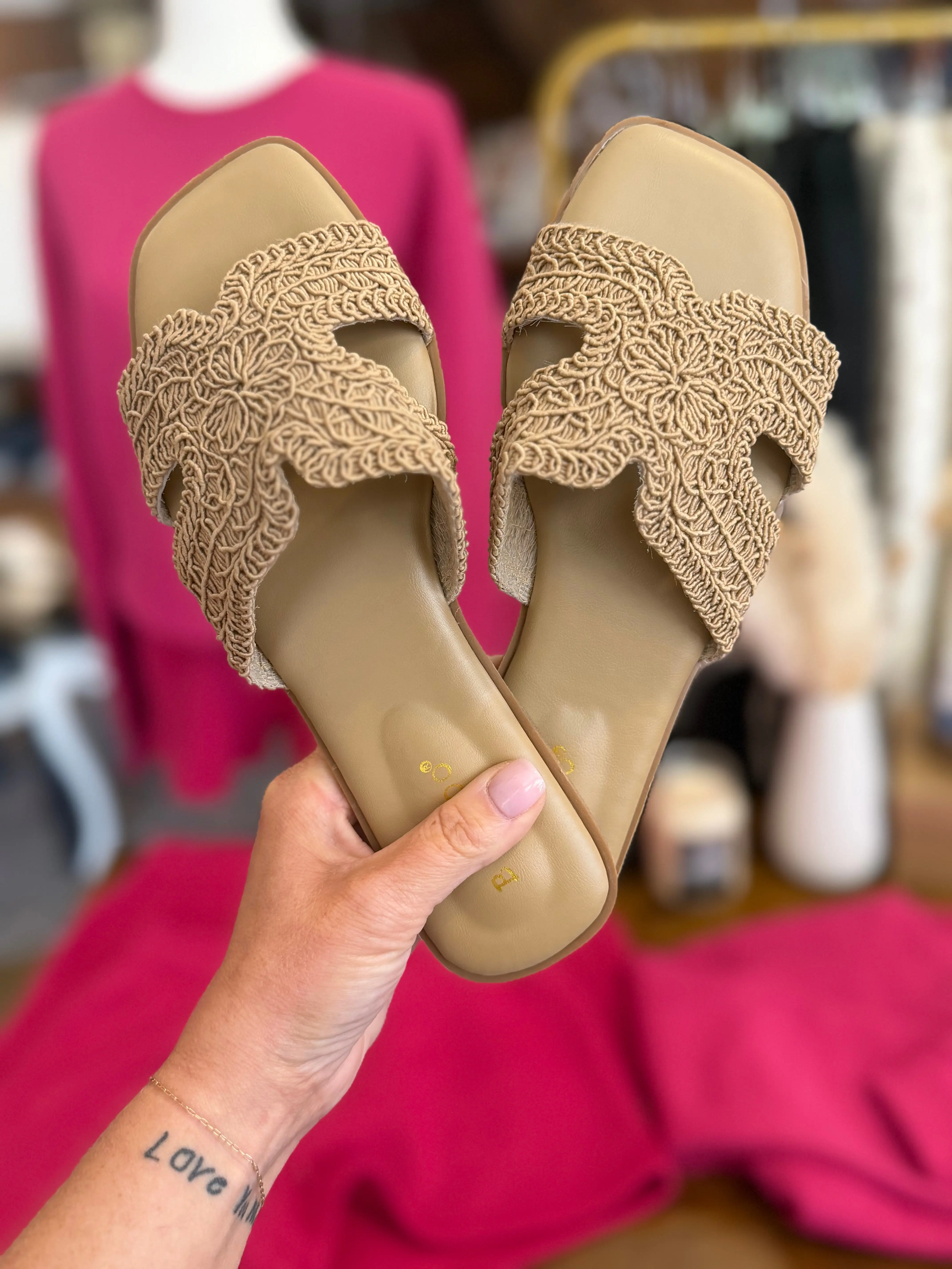 Tan Bamboo Woven Crochet Slide Sandals