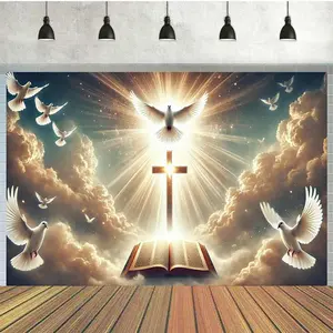 1pc 2D Flat A Feet Polyester Photography Backdrop Featuring Radiant Cross And Holy Book, Suitable for Birthday Banners, Cake Table Setups, Party Decorations, Portrait Photography, Perfect Outdoor Ce