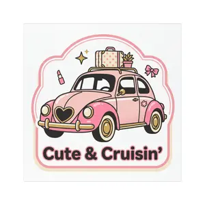Cute and Cruisin' Car Magnet — Pink Retro Beetle Travel Sticker