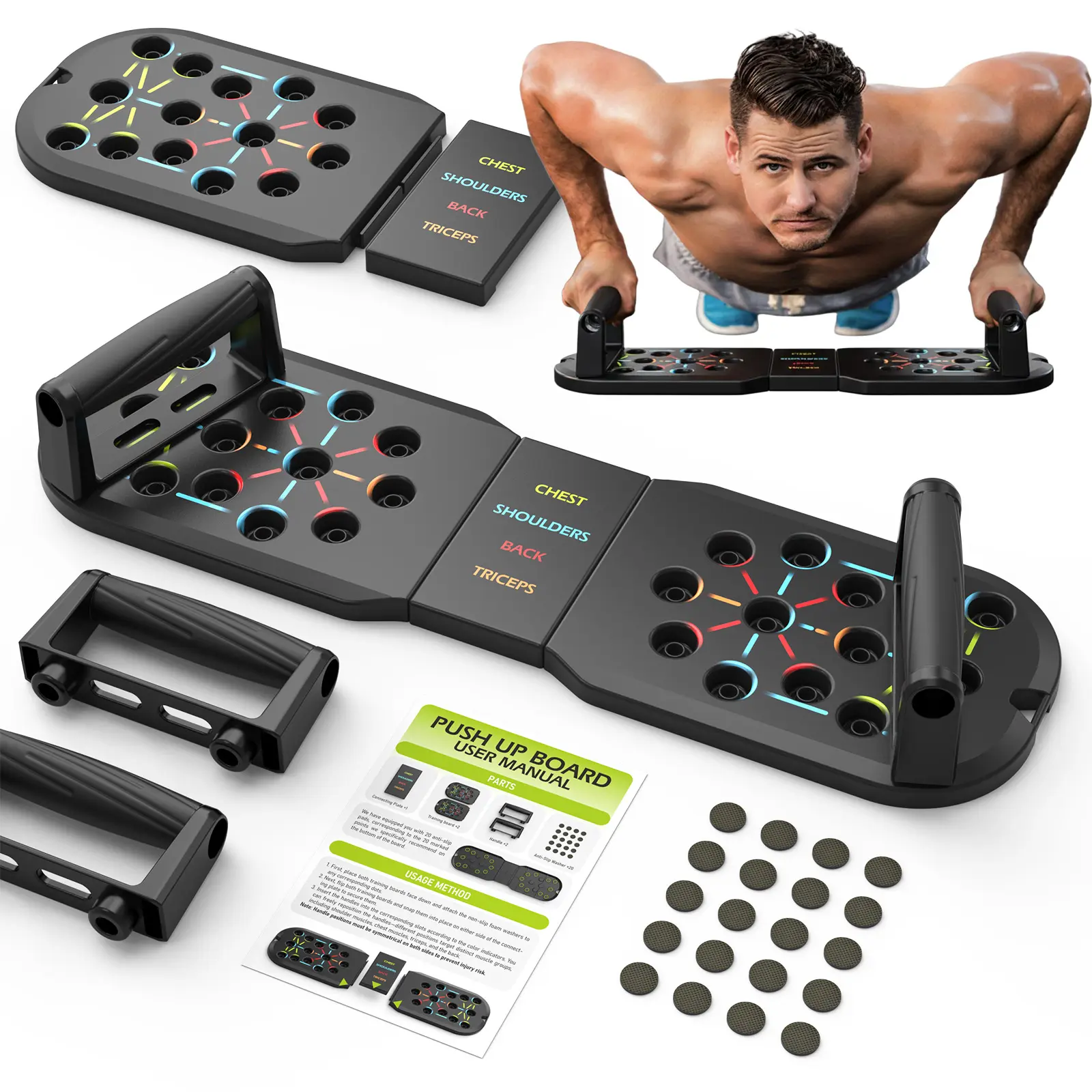 20-in-1 T-Shape Collapsible Push Up Board Strength Training Equipment, Non-Slip Stickers for Secure Grip, Professional Push Up Stand, Storage Drawstring Bag, Home Exercise Workout Equipment for Total Body Fitness, Home Exercise Equipment