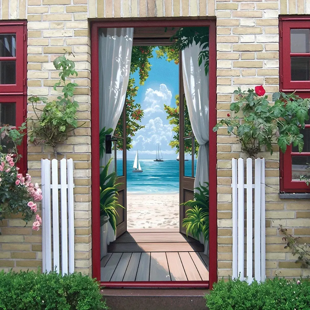 2pcs Tropical Sea View Decorative Door Wall Sticker Stereo Simulation Wooden Door Decal Living Room Bedroom Entrance Background Wall Sticker Self Adhesive Removable Seaside Scenery Wall Decal Home Decor Vinyl Decal Self Adhesive Stickers