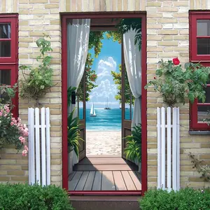 2pcs Tropical Sea View Decorative Door Wall Sticker Stereo Simulation Wooden Door Decal Living Room Bedroom Entrance Background Wall Sticker Self Adhesive Removable Seaside Scenery Wall Decal Home Decor Vinyl Decal