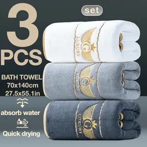 3-Piece Luxury Gold Thread Decorative Bath Towels Set, Premium Towel Set, 70x140cm Modern Simple Bathroom Set, Quick-Dry Absorbent Microfiber, Home Camping Hotel School Factory Use