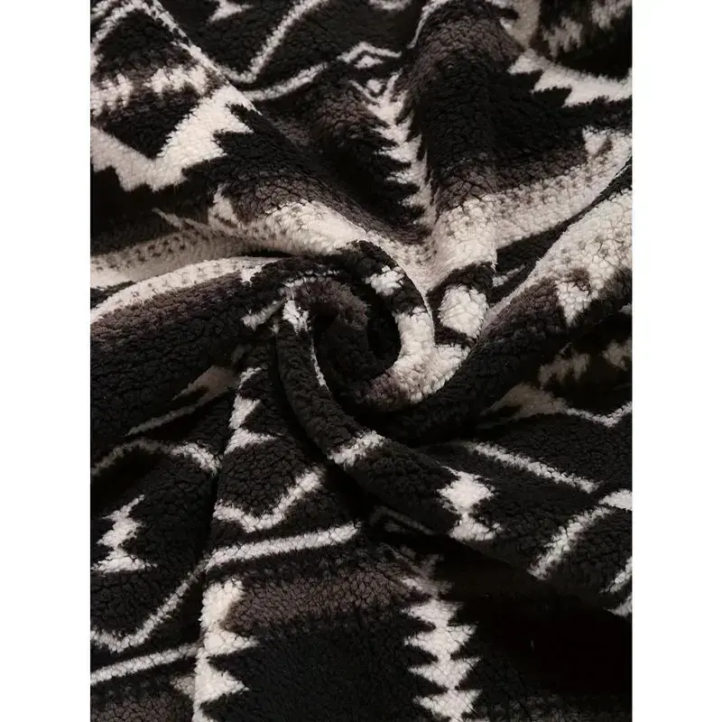 Ethnic Style Geometric Pattern, Men's Loose Polar Fleece Hoodie For Winter & Fall, Hooded Sweatshirt With Drawstring And Kangaroo Pocket Ethnic Style Geometric Pattern, Men's Loose Polar Fleece Hoodie For Winter & Fall, Hooded Sweatshirt With Drawstring And Kangaroo Pocket