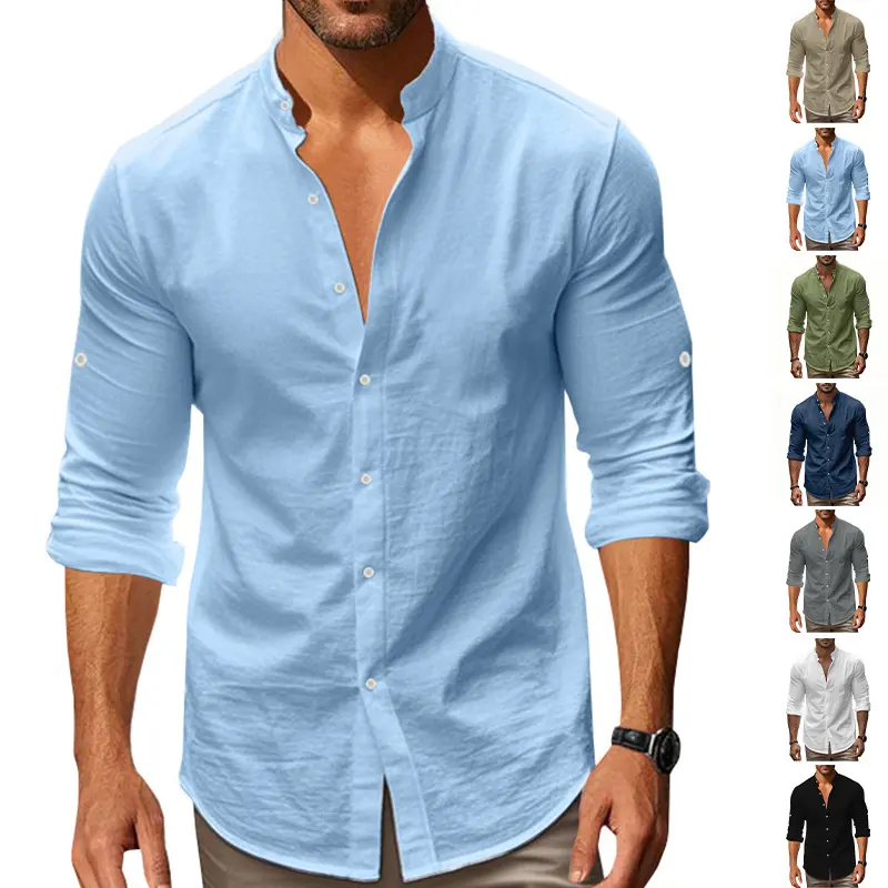 Men’s Classic Stylish Stand-Collar Linen-Textured Button-Up Tops, Menswear Long-Sleeve Shirt with Rolled Cuffs, Casual Lightweight Plain Beach Shirt for Everyday Wear & Vacations, Fabric