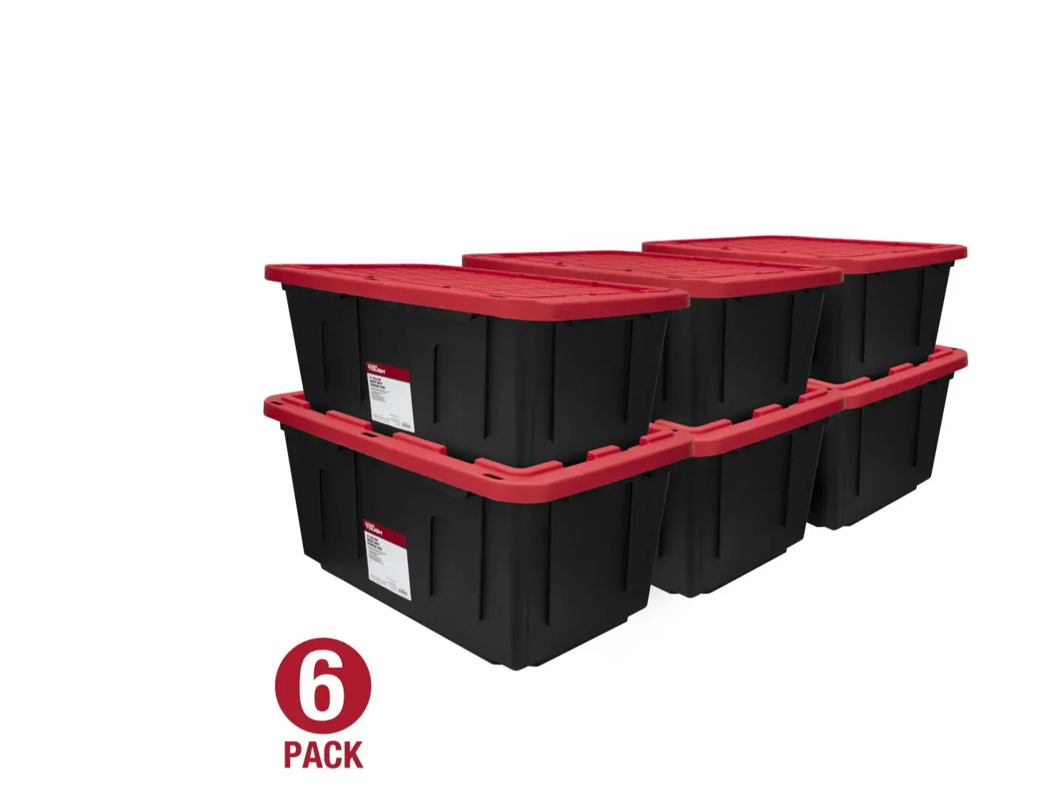 (Pack of 6) 27 Gallon Large Storage Bin with Snap Lid, Black and Red, Heavy Duty Plastic Storage Container