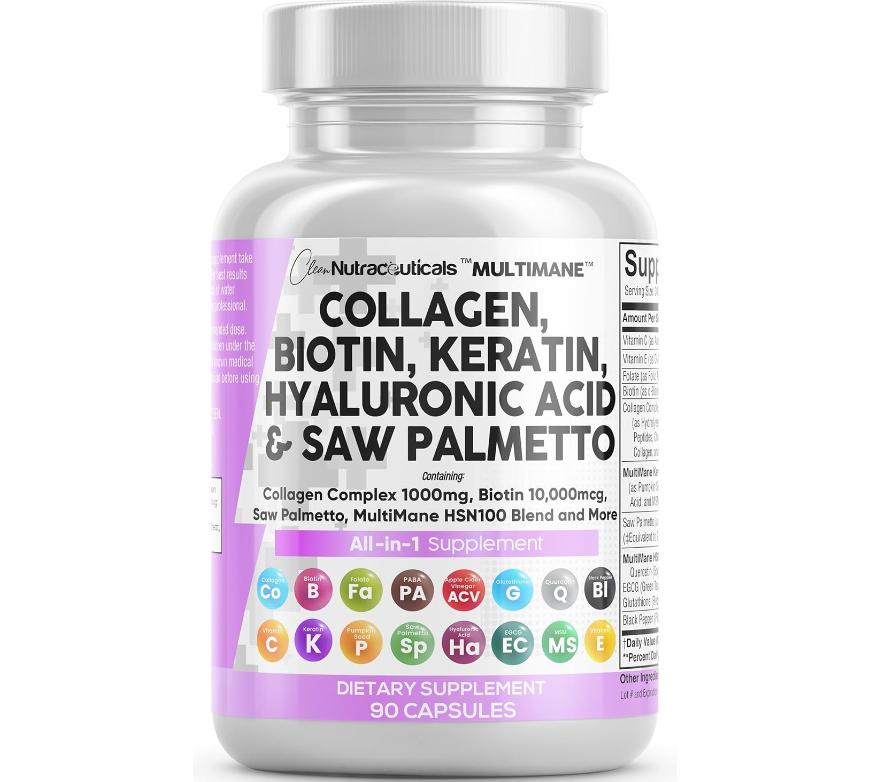 Clean Nutra Collagen, Biotin, Keratin, Hyaluronic Acid & Saw Palmetto for Hair, Skin and Nails Vitamins, and DHT Blocker - MultiMane