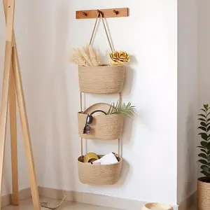 3-Tier Cotton Rope Baskets with Button Strap Over the Door Wall Hanging Baskets for Nursery, Living Room, Bathroom, Door Storage Organizer for Decoration-Jute
