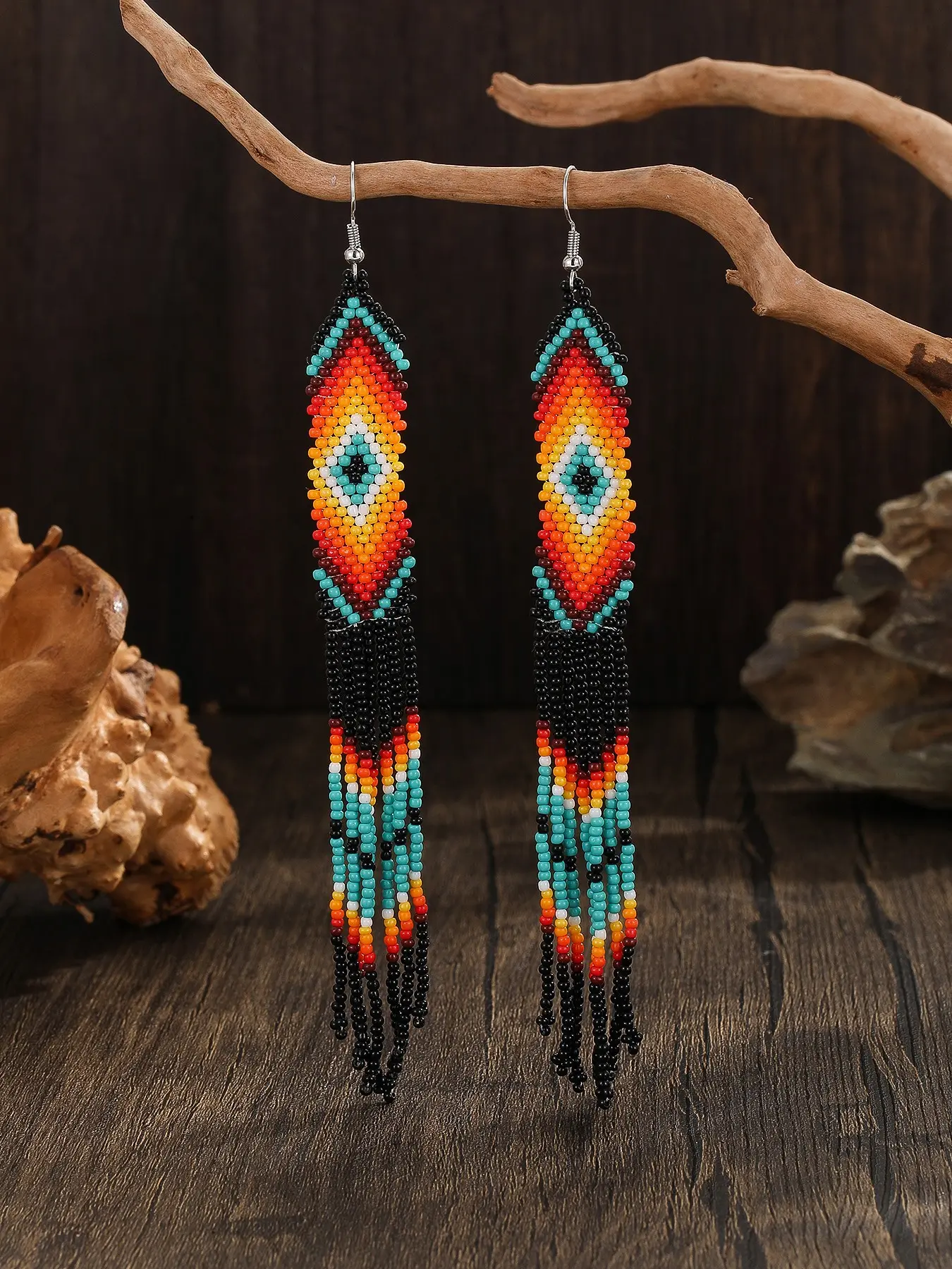 Women's Fashion Beaded Earrings, Vintage Bohemian Style, Long Thin Geometric Gradient, Handmade Glass Seed Bead Fringe, Daily Wear Gift, Dangle Earrings, Dangly Earrings, Dangling Earrings, Trendy Jewelry