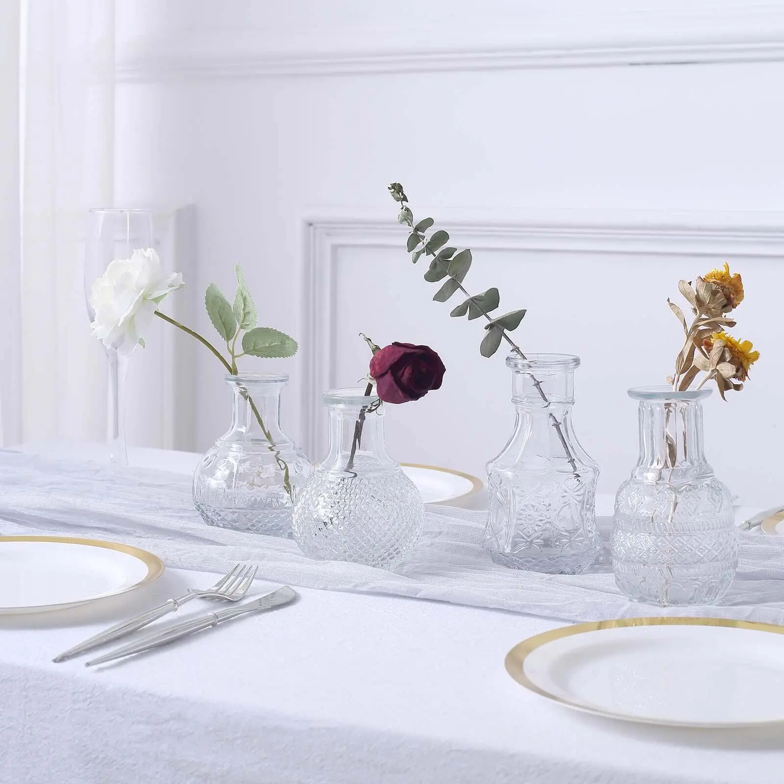 Set of 4 Glass Bud Vases Antique Clear - Vintage Decorative Wedding Table Centerpieces