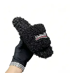 Women's Black Curly Faux Fur Slide Slippers, Embroidered Open Toe Fluffy Shearling House Slippers, Non-Slip Soft Warm Cozy Indoor Outdoor Plush Slippers for Fall Winter black fuzzy slides, black fluffy slides, black teddy bear slippers