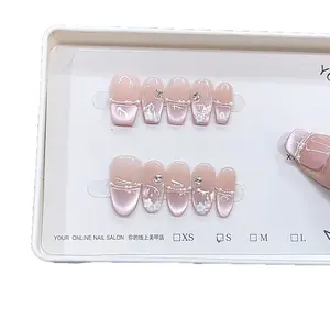 Hand-Painted Flower Pearl Chain Zircon Pink Gradient Halo Press-On Nail Set Detachable Reusable Acrylic False Nails XS S M L Sizes