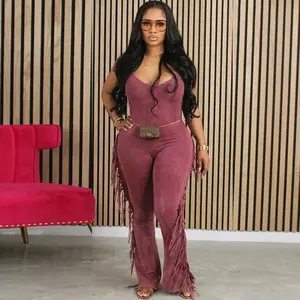 Casual Side Fringe Tassel One Piece Jumpsuit for Women Clothing V-neck Short Sleeve Skinny Flare Pants Rompers and Jumpsuits  2025Valentine's Day Outfit