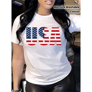 [Everyday Comfort] Women'S Patriotic USA Flag Print T-Shirt - Casual Crew Neck Short Sleeve, Machine Washable, Perfect for Spring/ Summer, Everyday American Graphic Tee Round Neck Fitted