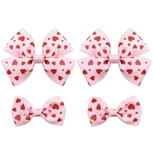 Valentines Pink Hair Bows Gift  Girls Women 4Pcs Cute Handmade Glittery Red Love Heart Ribbon Alligator Clips, Her Wedding Birthday Party Dress Decoration Accessories