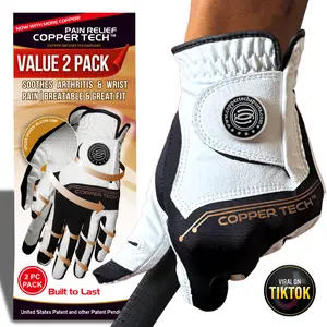 Copper Tech Men's Golf Gloves (2 Pack) - Optimal Joint Support & Comfort With Copper Compression Feature - Breathable & Tacky - Crafted With Fine AAA Leather