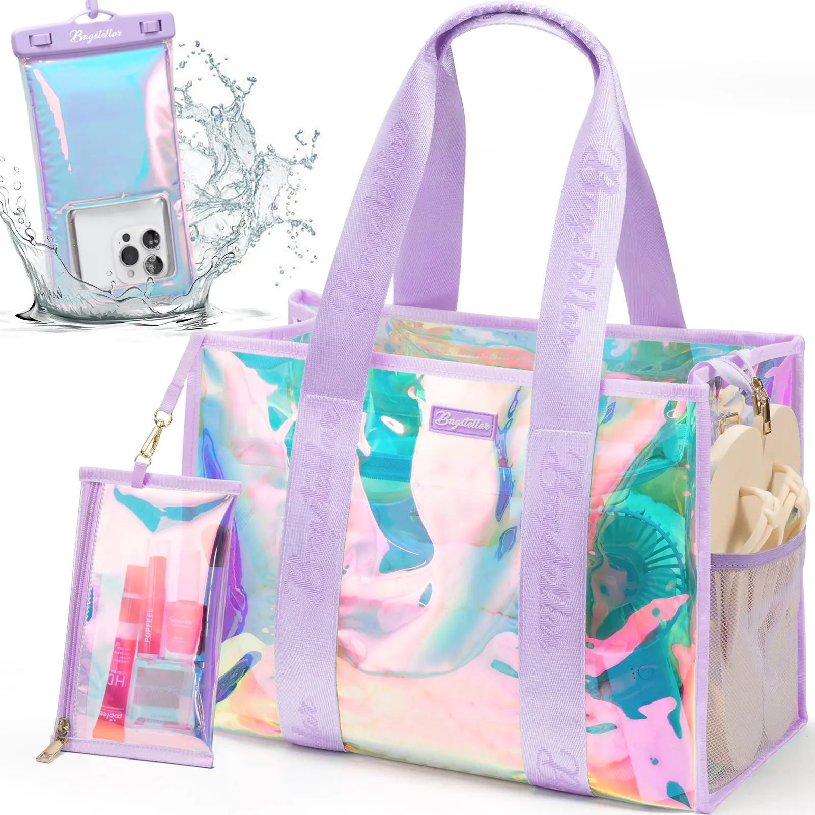 (LIVE ONLY)Bagstellar Beach Bag for Women Clear Iridescent Zipper Pool Swim Beach PVC Tote Bag w/Makeup Bag & Waterproof Phone Pouch Summer Essentials for Sports Events Concert Beach Work Swimming pool Easter Basket Organiser