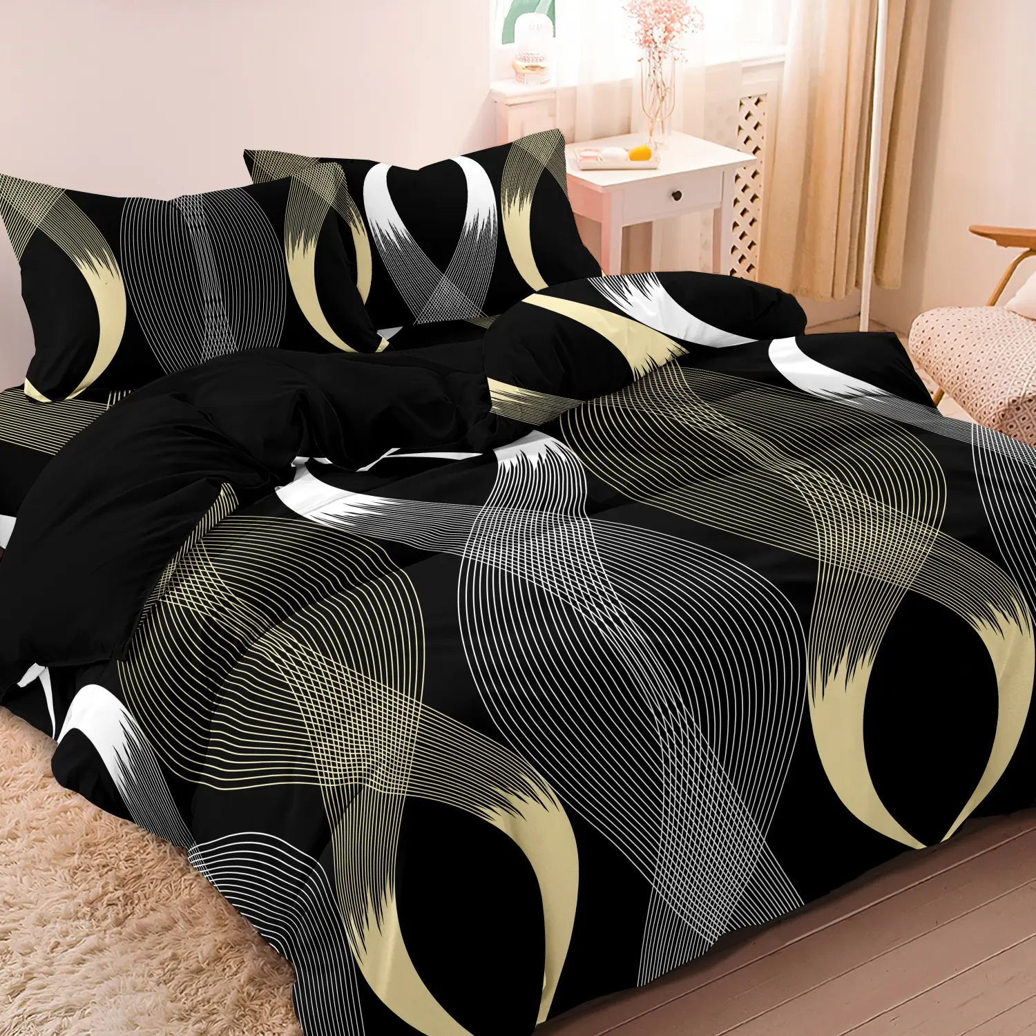 3pcs Set Black Gold White Geometric Print Duvet Cover Set Suitable For Bedroom Hotel Inn School Dormitory Can Be Used As Holiday Gifts Modern Bedding Set (1*Duvet Cover + 2 Pillowcases, No Comforter, No Pillow)