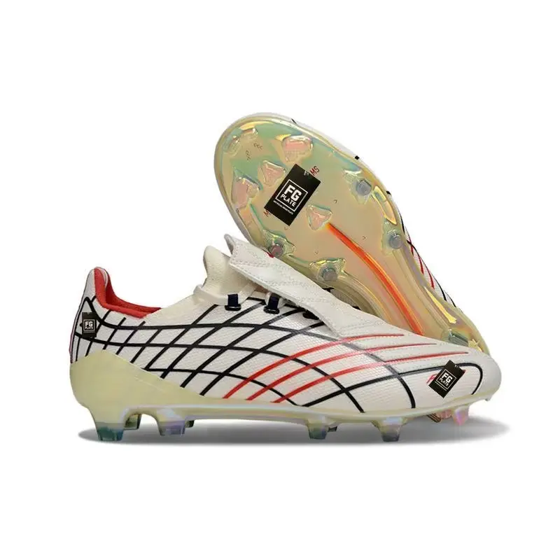 Vintage Unisex Sports Collectible Soccer Cleats - Brand-New, White Woven-Grid Upper, Red Inner Collar, Iridescent Translucent Studs, Flip-Over Tongue, Fine Sports Memorabilia, Original Matched Shoe Box Included