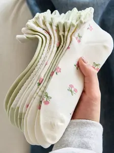 5 Pairs of Women's Spring Mori Style Floral Ankle Socks, Cute Textured Socks, Fresh and artistic for spring and summer, breathable and comfortable, a favorite among students