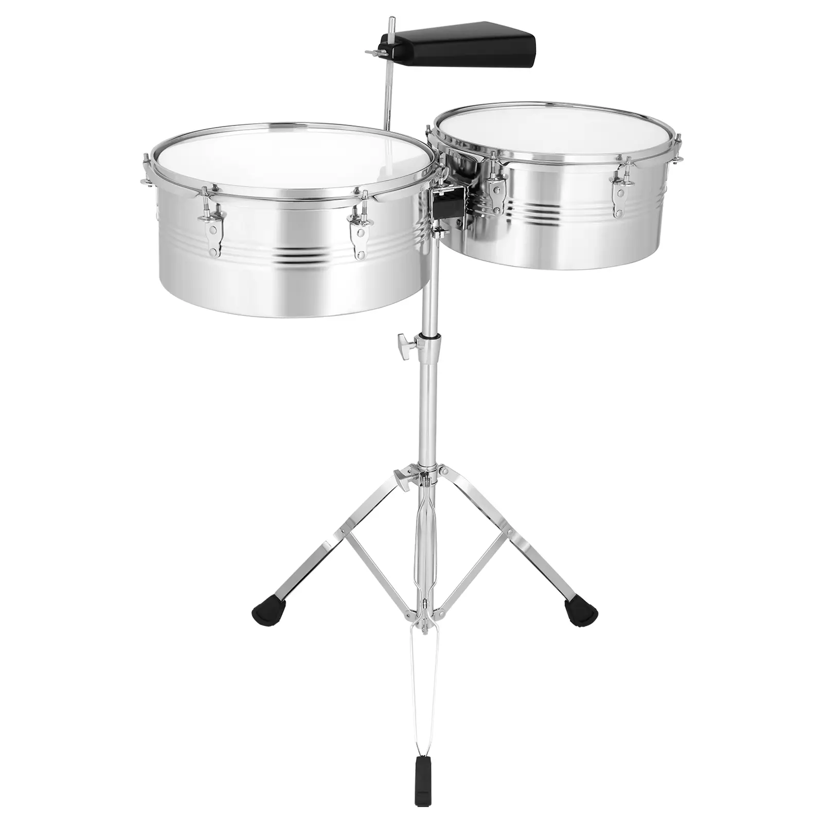Percussion Timbales Drum Set, 13" & 14" Steel Drums with Adjustable Double-Braced Stand and Cowbell, Silver, for Professional and Beginner Players