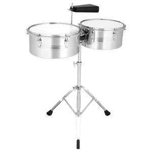 Percussion Timbales Drum Set, 13" & 14" Steel Drums with Adjustable Double-Braced Stand and Cowbell, Silver, for Professional and Beginner Players
