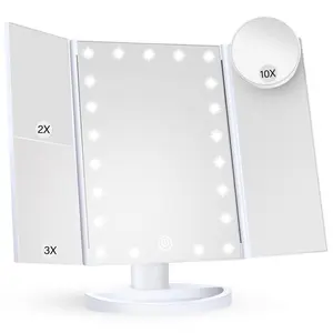 Makeup Mirror Vanity Mirror with Lights, 2X, 3X, 10X Magnification, Touch Control, Trifold, White, 9.4"L x 13.4"W, Modern Style, Dresser Mount, Bathroom