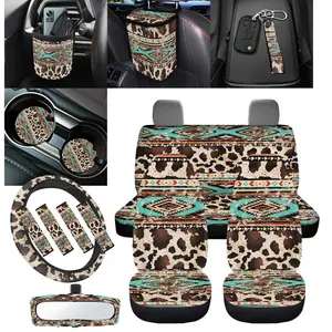 Cow Print Car Seat Cover Set Full Set, 15pcs Auto Western Accessories, Steering Wheel Cover + Seatbelt Pads + Keychain + Coasters + Garbage Bag + Mirror Decoration, Soft Non Slip